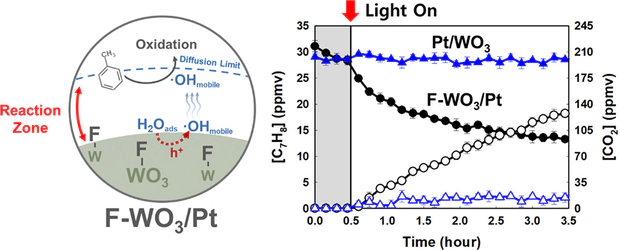 Surface-Engineered WO3 Enables Photocatalytic Mineralization of Toluene under Visible Light by Boosting Mobile OH Radicals